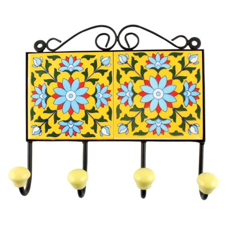 Yellow Base Turquoise Sonflower Ceramic Tiles Hook 